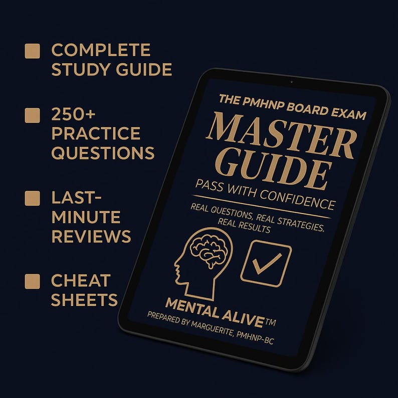 May include: A digital tablet displays the text "MASTER GUIDE" for the PMHNP Board Exam. The screen highlights "COMPLETE STUDY GUIDE," "250+ PRACTICE QUESTIONS," "LAST-MINUTE REVIEWS," and "CHEAT SHEETS." The tablet is black with a dark blue background.