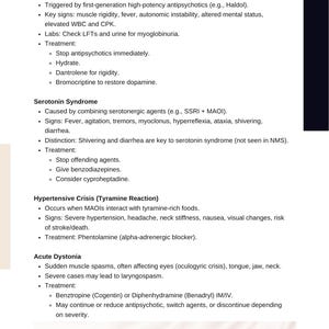 May include: A white document with black text detailing medical information on conditions like Neuroleptic Malignant Syndrome, Serotonin Syndrome, Hypertensive Crisis, and Acute Dystonia. The document includes symptoms, causes, and treatments.