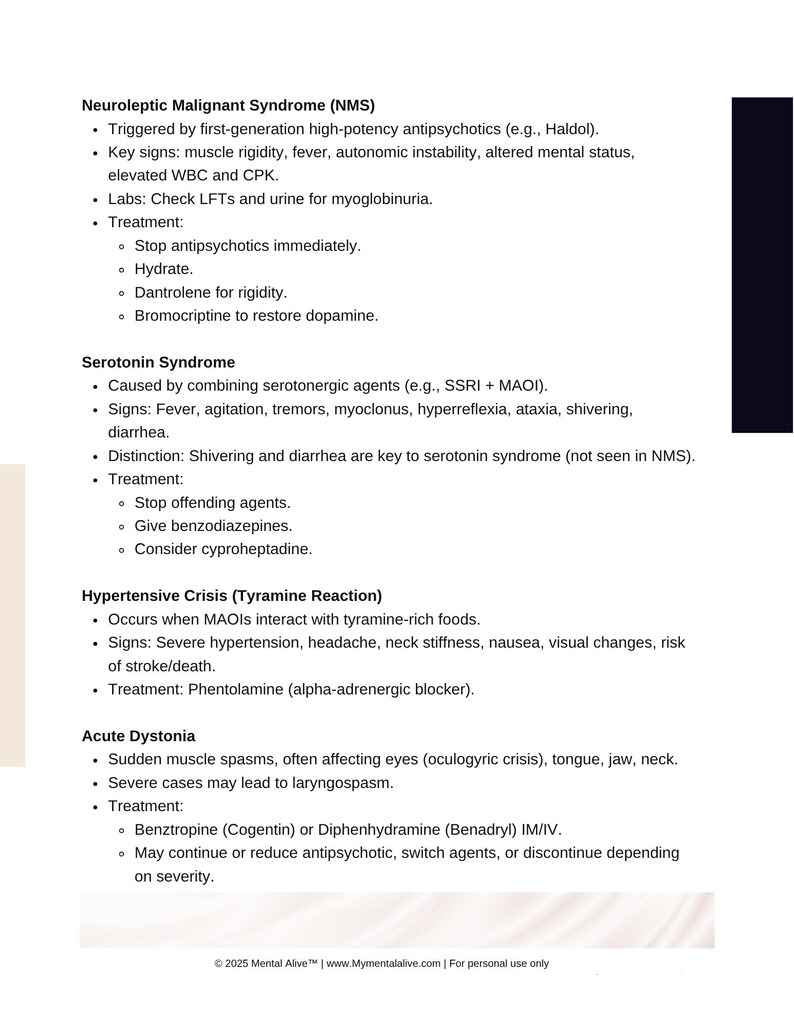 May include: A white document with black text detailing medical information on conditions like Neuroleptic Malignant Syndrome, Serotonin Syndrome, Hypertensive Crisis, and Acute Dystonia. The document includes symptoms, causes, and treatments.