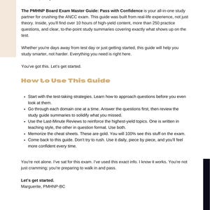 May include: Text from "The PMHNP Board Exam Master Guide: Pass with Confidence" is displayed. The guide offers study summaries, practice questions, and high-yield content for the ANCC exam. The guide includes tips on how to study and prepare for the exam.
