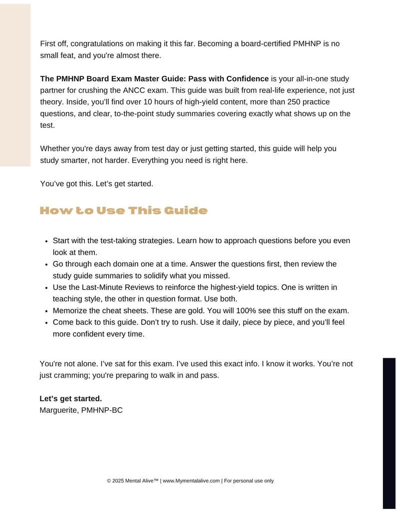 May include: Text from "The PMHNP Board Exam Master Guide: Pass with Confidence" is displayed. The guide offers study summaries, practice questions, and high-yield content for the ANCC exam. The guide includes tips on how to study and prepare for the exam.