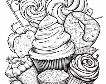 May include: Black and white illustration of various sweets, including cupcakes, lollipops, and strawberries. The image features detailed line art, showcasing the textures and shapes of the desserts. A whimsical and detailed drawing.