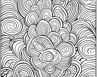 May include: Black and white abstract line art design. The image features a square composition filled with swirling lines, spirals, and rounded shapes. The design has a floral or organic feel, with a high contrast between the black lines and white background.