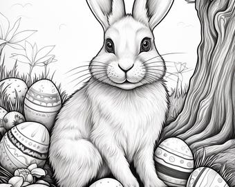 May include: Black and white illustration of a fluffy white rabbit sitting among decorated Easter eggs. The rabbit has long ears and is surrounded by grass, flowers, and a tree trunk, creating a festive Easter scene.