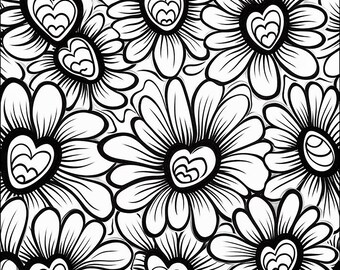 May include: Black and white floral pattern featuring stylized flowers with heart-shaped centers. The design is a repeating pattern of large, detailed blooms, creating a bold and graphic aesthetic. The contrast between the black outlines and white background gives a striking visual effect.