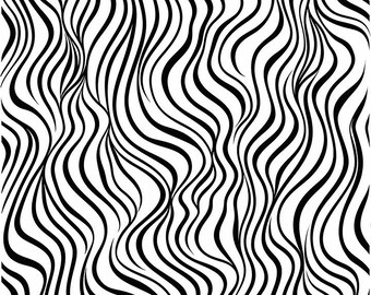 May include: Abstract black and white pattern featuring flowing, wavy lines. The design consists of thick, curved black lines against a white background, creating a dynamic and visually engaging texture. The lines vary in width and density.