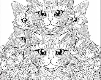 May include: A black and white illustration of five stylized cats. Each cat has detailed patterns within its fur and around its face, with large, expressive eyes. The cats are arranged in a layered composition, creating a decorative design.