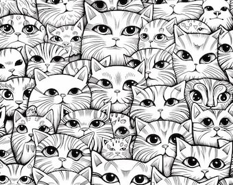 May include: Black and white illustration featuring a repeating pattern of cat faces. The cats have various expressions and markings, with detailed line art creating a textured appearance. The design is suitable for fabric or wallpaper.
