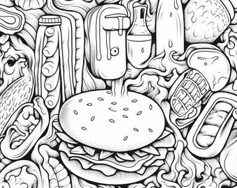 May include: Black and white line art illustration of various food items. A large burger is the central focus, surrounded by pickles, condiments, and other food-related objects. The artwork has a detailed, hand-drawn style.
