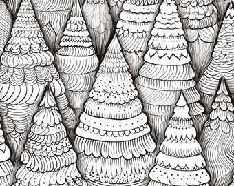 May include: Black and white illustration of stylized Christmas trees. The trees have intricate patterns and textures, with detailed lines and varying shapes. The image is a repeating pattern of the trees.
