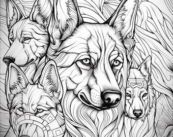 May include: Black and white illustration of five wolves. The wolves are depicted in a detailed, artistic style, with intricate line work. One wolf wears a muzzle, and another has a decorative headpiece. The image is suitable for coloring.
