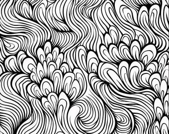 May include: Black and white abstract pattern featuring flowing, wavy lines and stylized floral shapes. The design has a high contrast, with thick black lines creating a dynamic and textured visual effect. The overall aesthetic is reminiscent of organic forms.