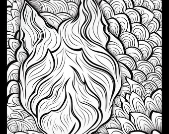 May include: Black and white line art illustration of a stylized flame shape. The flame is the focal point, with detailed lines and curves. The background features a pattern of layered, curved shapes, creating a textured effect.