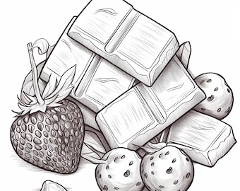 May include: Black and white illustration of chocolate bars, strawberries, and chocolate-covered candies. The image shows a detailed drawing of the food items, with the chocolate bars stacked together and the strawberries and candies scattered around.