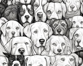 May include: A black and white illustration featuring a collage of various dog breeds. The image showcases a dense arrangement of dog faces, with breeds including Labradors, Border Collies, and Golden Retrievers. The artwork is detailed, with a focus on the dogs' expressions and fur textures.