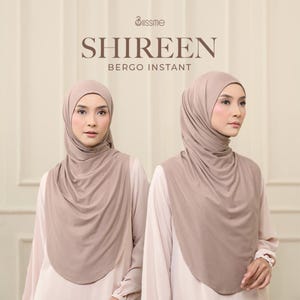 May include: Two women wearing taupe-colored hijab headscarves. The headscarves are draped in a soft, flowing style. The image includes the text "Blissme" at the top, and "Shireen Bergo Instant" in a serif font.