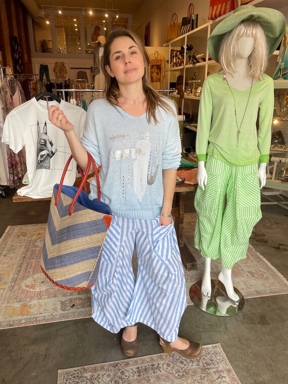 Blue with silver lurex  stripe  soft  cotton lagenlook pant