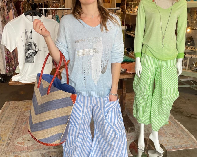 Blue with silver lurex  stripe  soft  cotton lagenlook pant