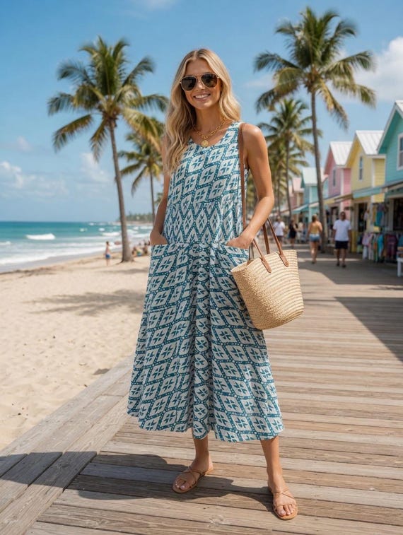 Sleeveless Prairie dress with pockets in teal blockprint