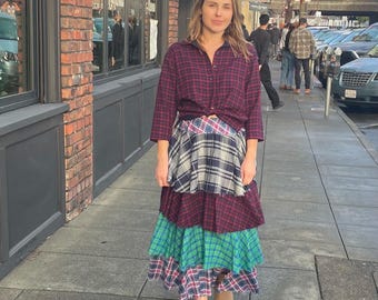 Flannel layered raw edge skirt in mixed print colors