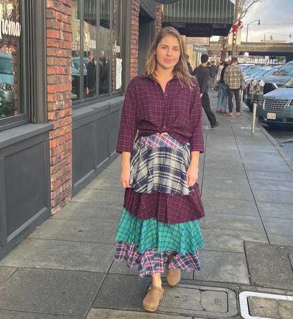 Flannel layered raw edge skirt in mixed print colors