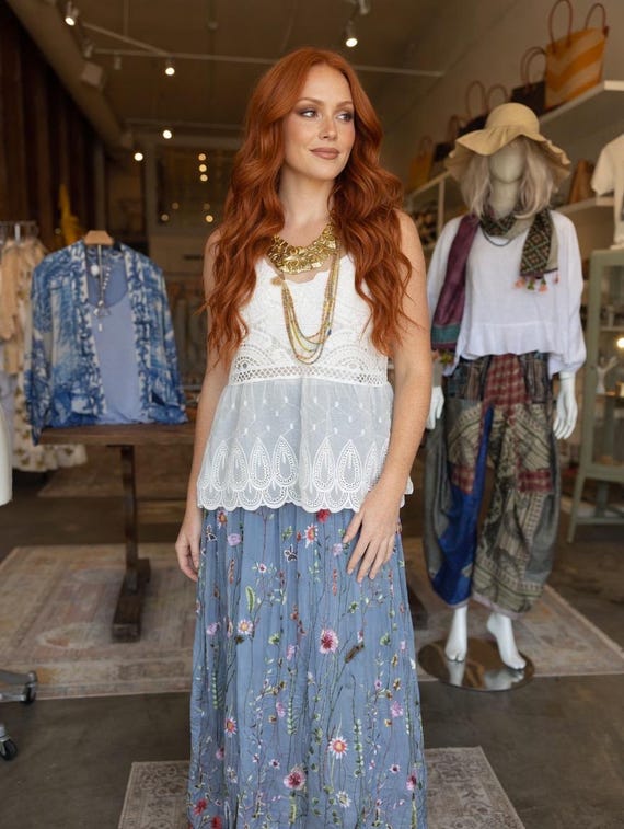 Silk embroidered  one size  skirt with elastic waist in blue