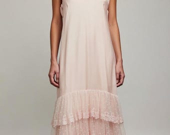 Boho blush colored slip dress with rows of lace