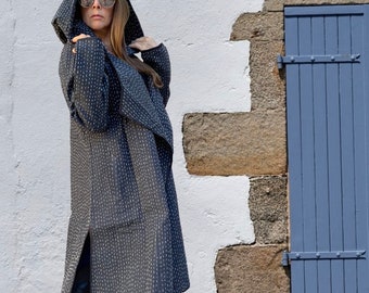 Gorgeous black with white stitching cotton kantha hoodie