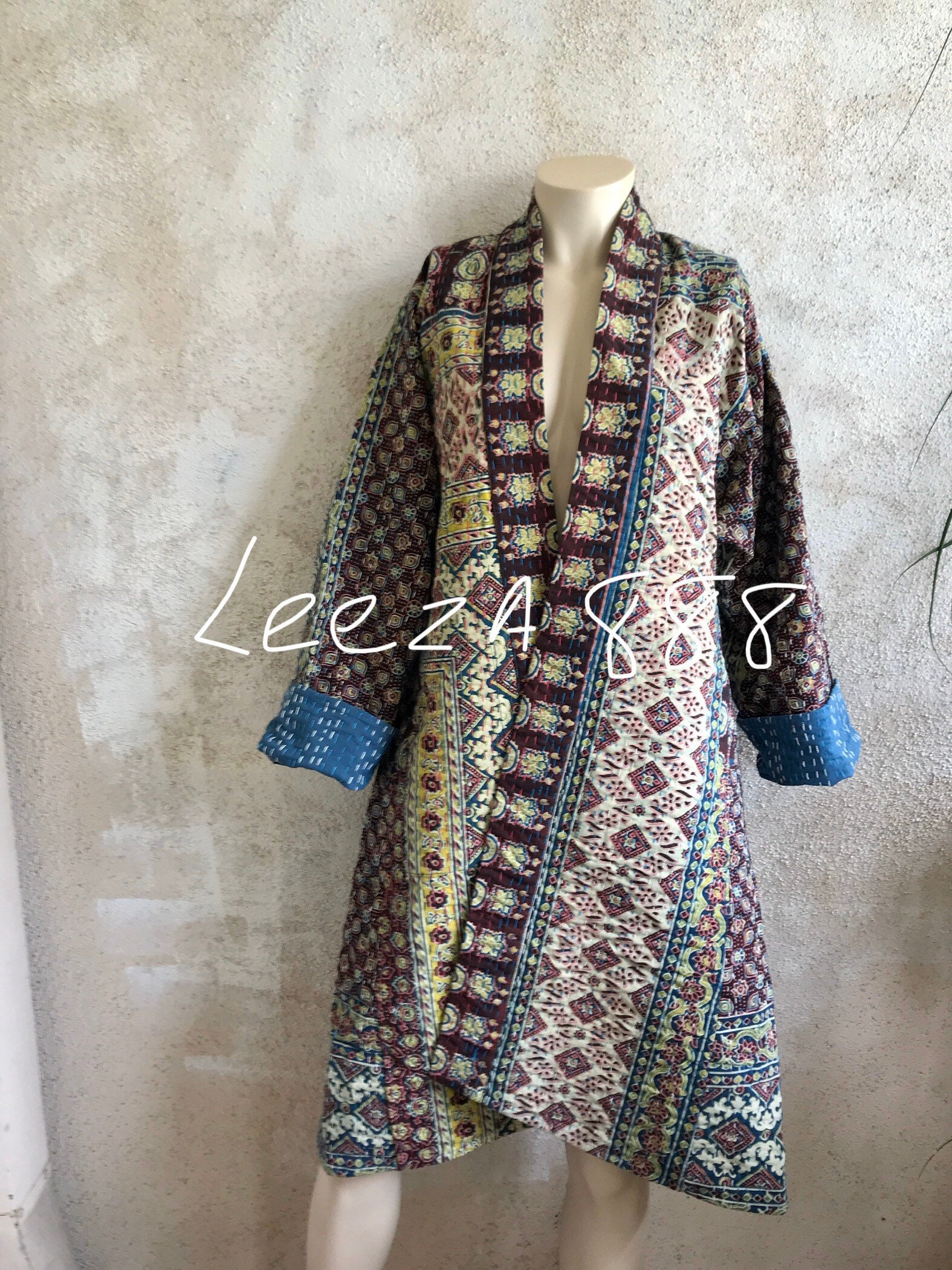 Rainy day Blues Indigo quilt One of a kind reversible kantha kimono