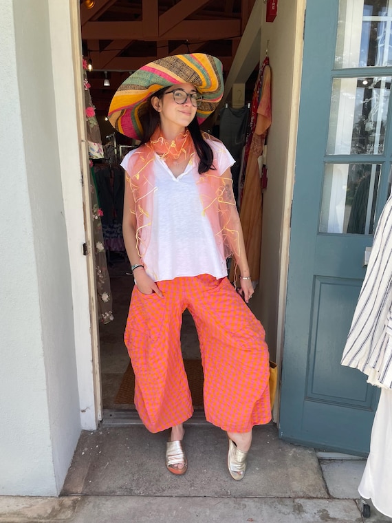 Orange and  pink stripe  soft  seersucker cotton lagenlook pant