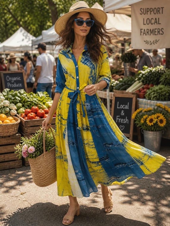 Button down 8 gore shirtdress with pockets in tie dye cotton