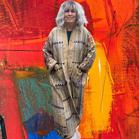 Trip to the Pyramids in plus size reversible silk kantha duster/kimono