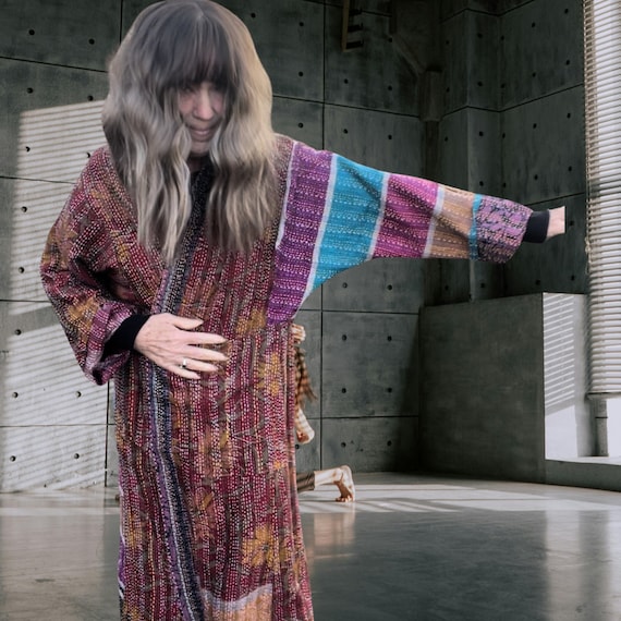 Artist in residence in plus size reversible silk kantha duster/kimono