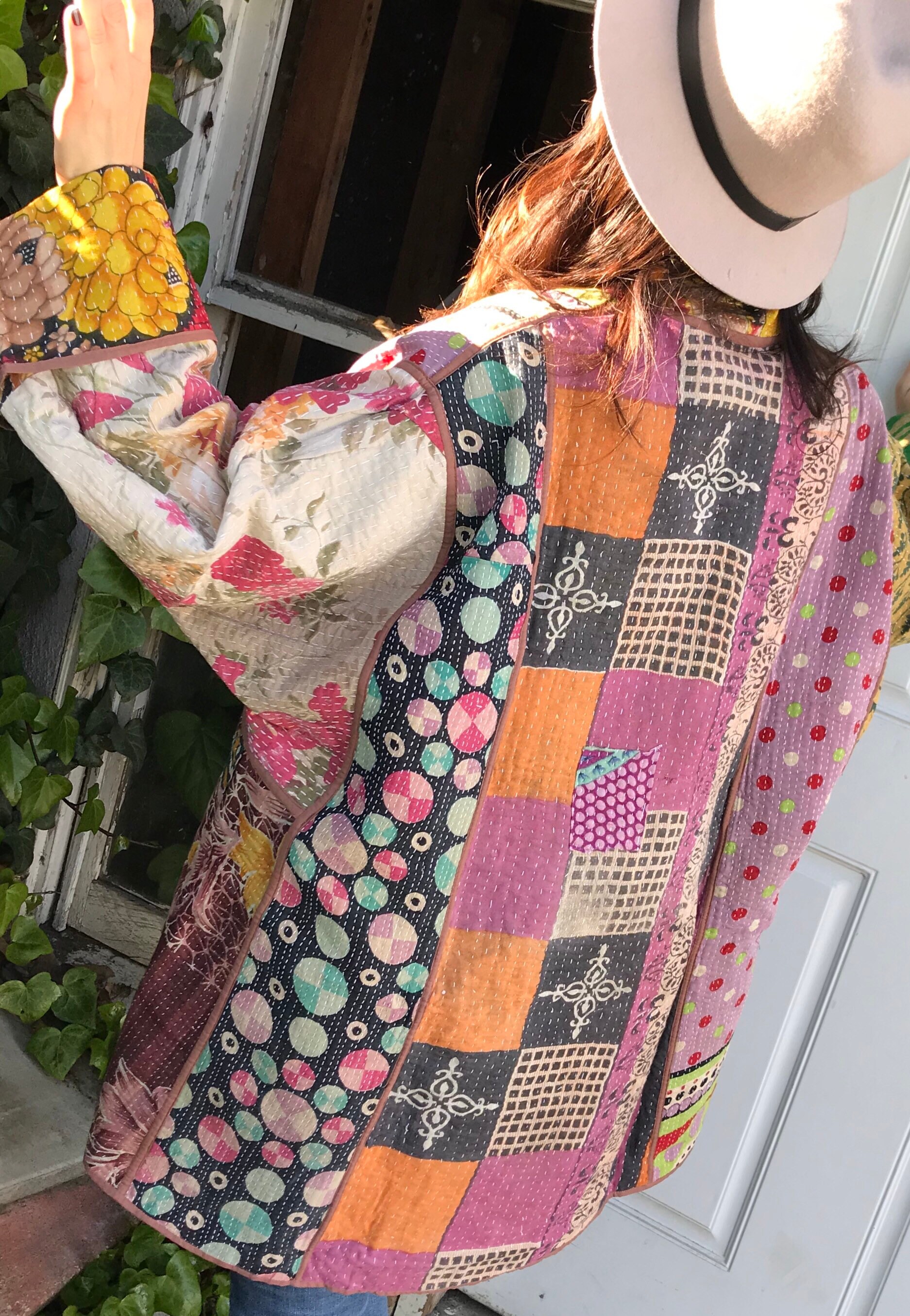 Garden print reversible cotton vintage quilt jacket