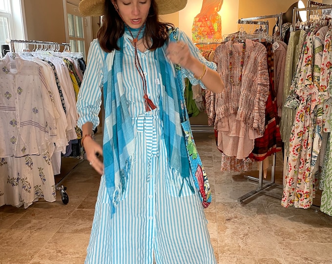 Blue stripe  cotton voile button down shirtdress/duster