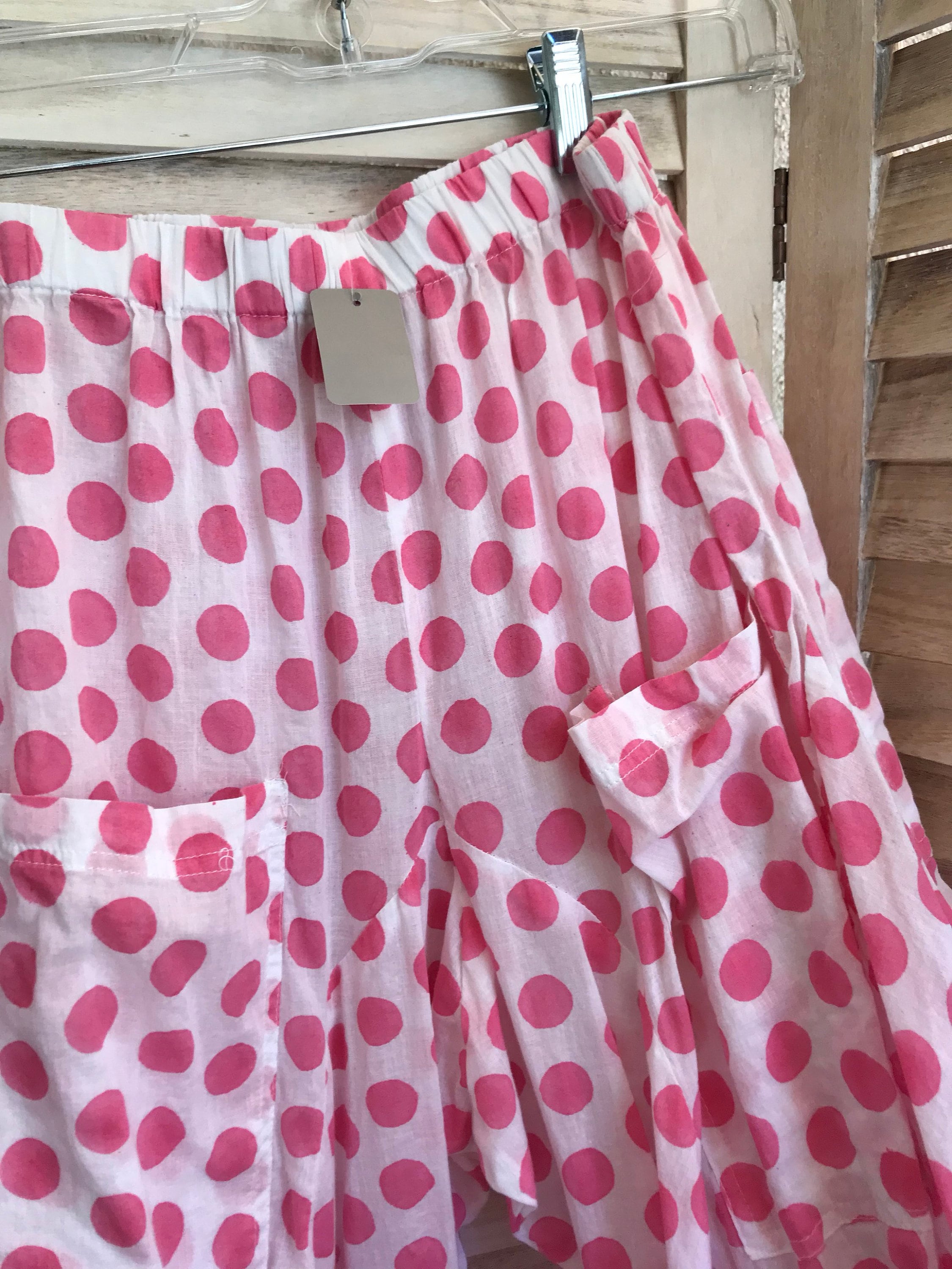 pink polka dot block print cotton voile lagenlook pant