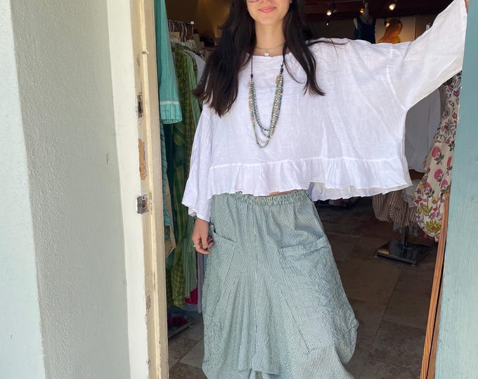 White linen boxy ruffled shirt