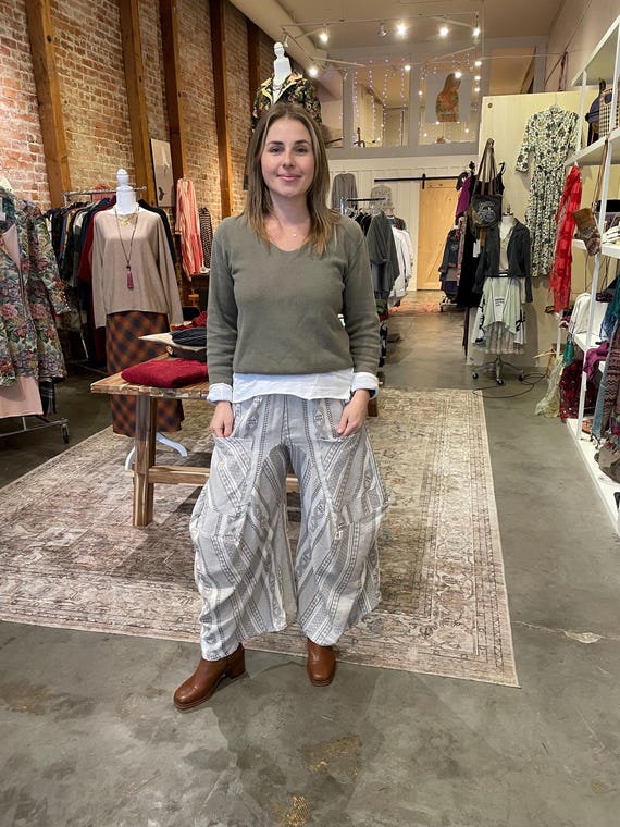 Cream and tan geometric heavy cotton lagenlook pant