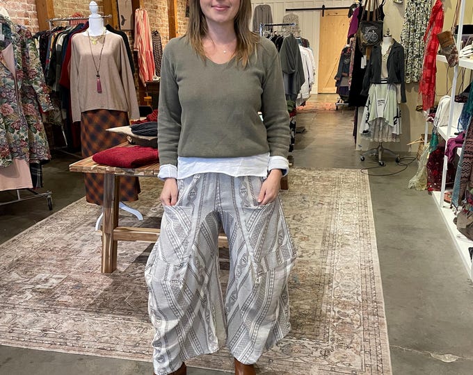 Cream and tan geometric heavy cotton lagenlook pant