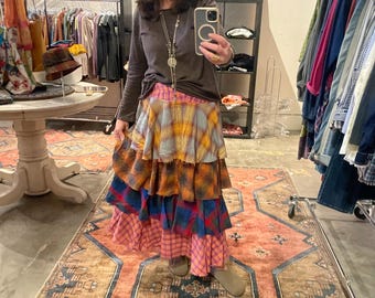 Flannel layered raw edge skirt in mixed print colors