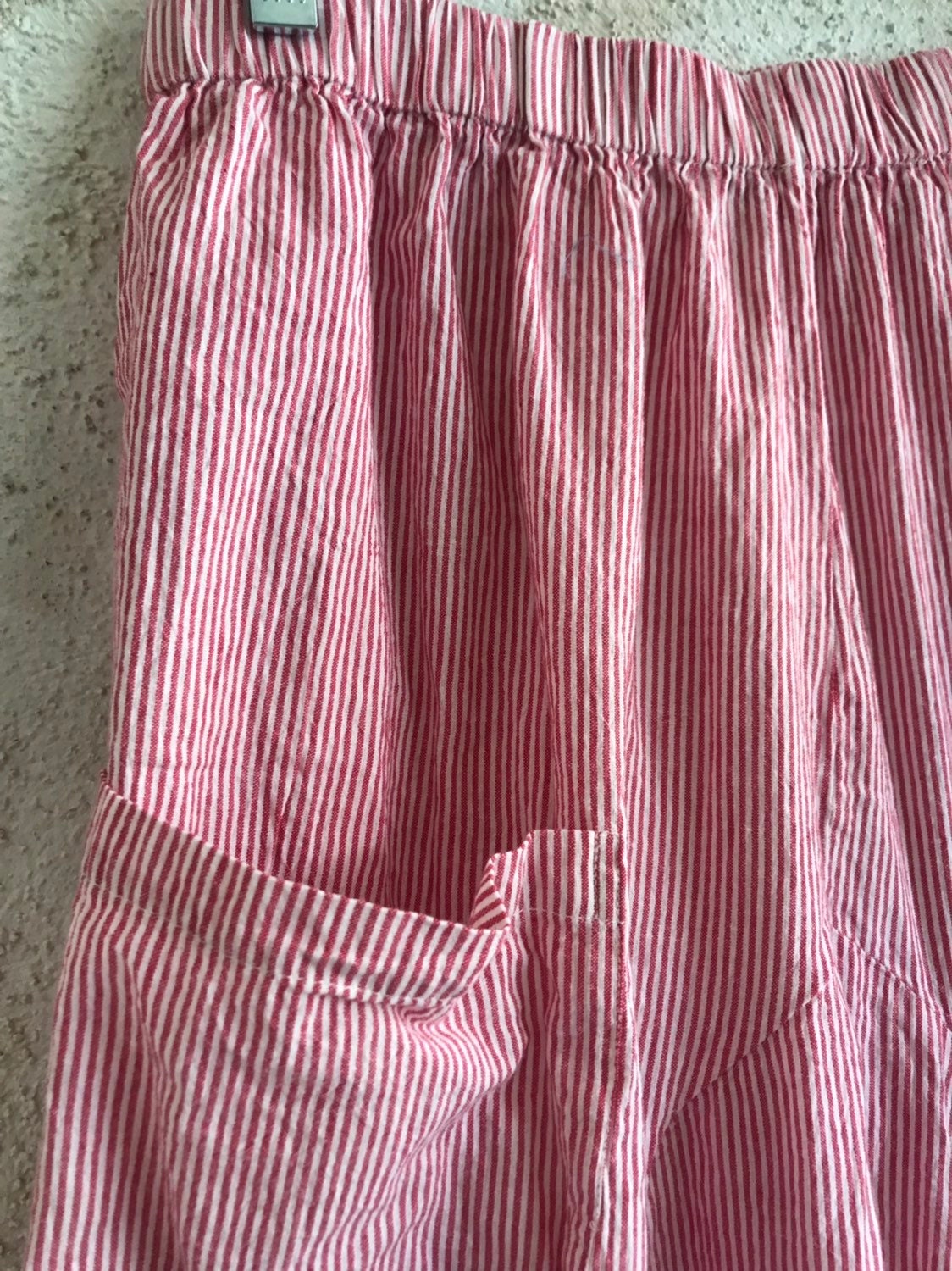 Red and white pinstripe ticking cotton seersucker lagenlook pant