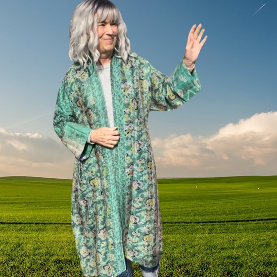 Aqua Silk Kantha Duster Kimono - Reversible Plus Size Coat