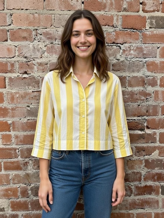 Cotton  block print stripe in yellow cropped button down shirt