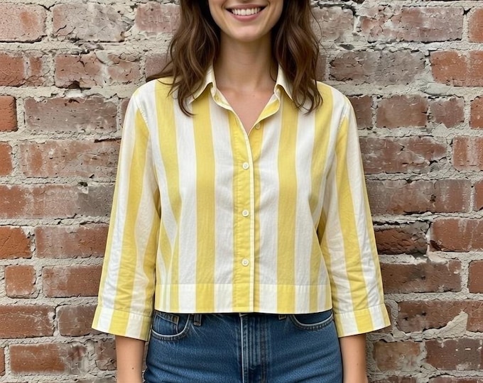 Cotton  block print stripe in yellow cropped button down shirt