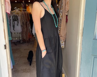 Black linen dress with pockets