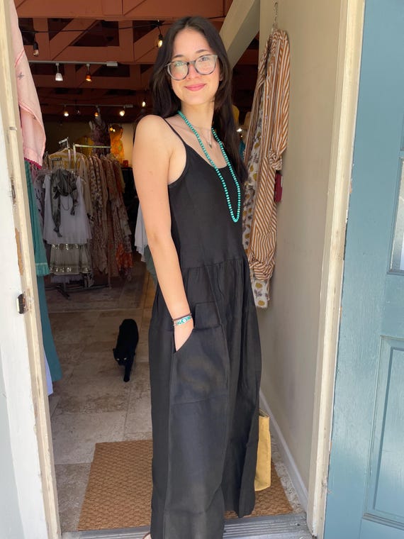 Black linen dress with pockets
