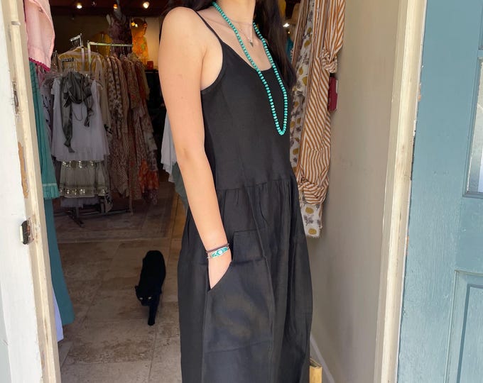 Black linen dress with pockets