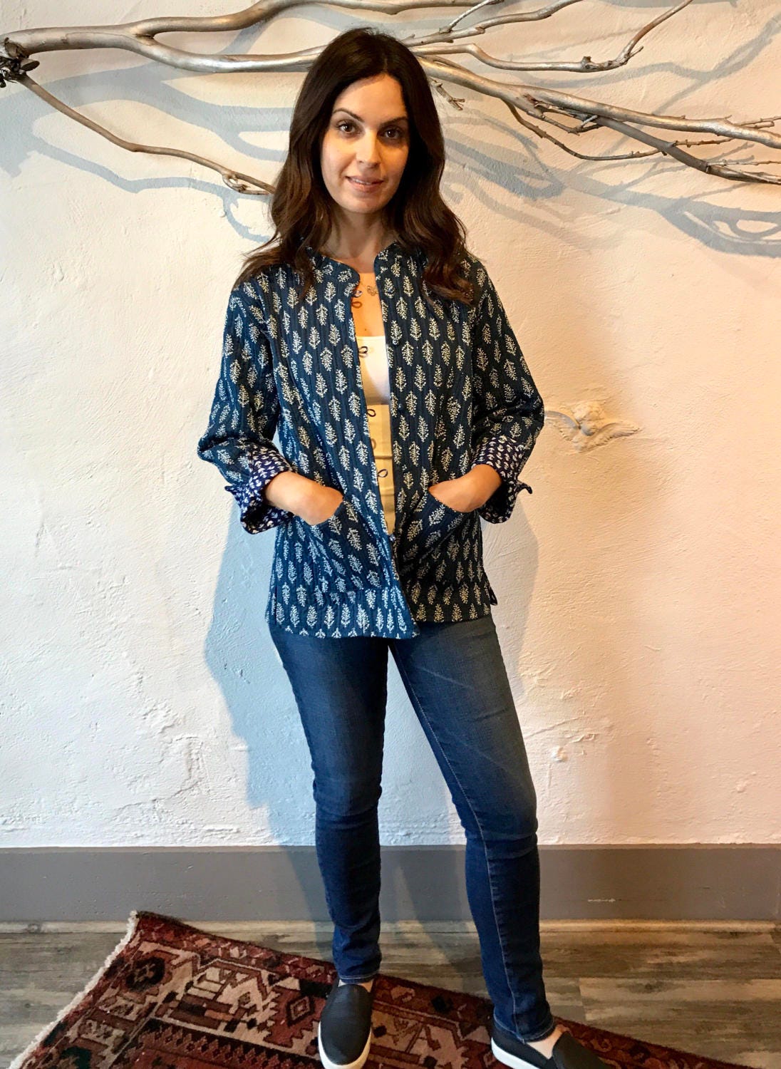 Quilted cotton reversible block print jacket