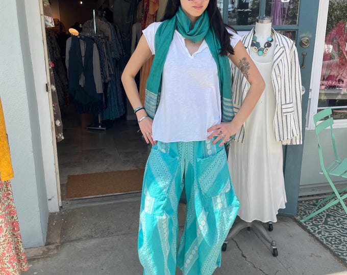 Turquoise textured cotton lagenlook pant