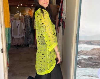 Lime green with black swallows  tunic in sheer viscose